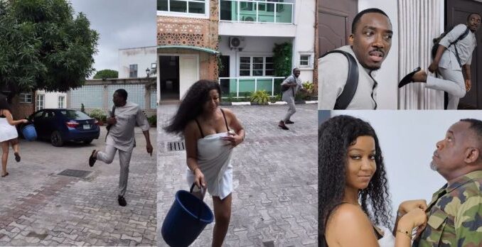 He's such a genius - Funny moment Gwo Gwo Gwo Ngwo challenge makes Bovi land in a military man's house while chasing a lady (Video)